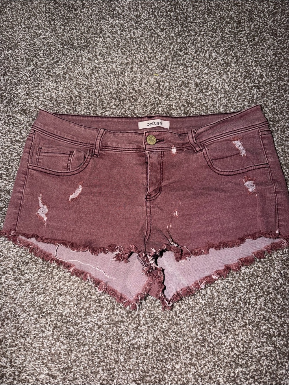 refuge burgundy distressed denim cutoff shorts